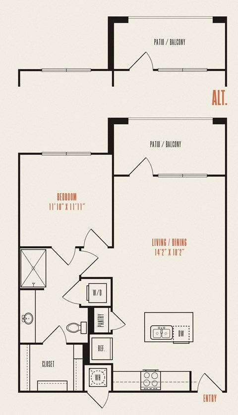 Floor plan for 1 bed, 1 bath, 780 sqft